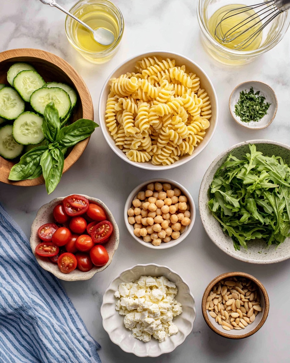 A white bowl filled with yellow spiral pasta sits on the top right, next to a clear glass bowl with light yellow dressing and a small whisk. Below the pasta, a white bowl holds sliced green cucumbers with visible seeds. In the center left, a wooden bowl is full of fresh green basil leaves with smooth texture. Next to the basil, a small white bowl contains bright red grape tomatoes, some whole and some cut in halves showing juicy insides. To the right, a white bowl holds light beige chickpeas. Below the tomatoes, a ceramic bowl has crumbled white cheese. A white scalloped bowl holds green arugula leaves with jagged edges just below the cheese. On the bottom right, a small white bowl contains light brown pine nuts. A small white bowl with chopped dark green herbs is near the wooden bowl. All items rest on a white marbled surface with a blue-striped cloth partially visible at the top photo taken with an iphone --ar 4:5 --v 7