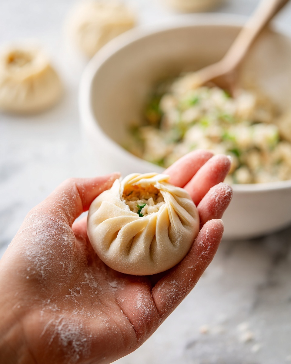 A woman's hand holds a small, round dumpling with a beige, soft dough exterior that has been pinched and pleated around the top, creating a textured ring with an open center showing a glimpse of the filling inside. The hand has some flour dust on it, and in the blurred white bowl in the background, there is a mixture of green and beige filling with a spoon resting inside. The surface beneath is a white marbled texture. photo taken with an iphone --ar 4:5 --v 7