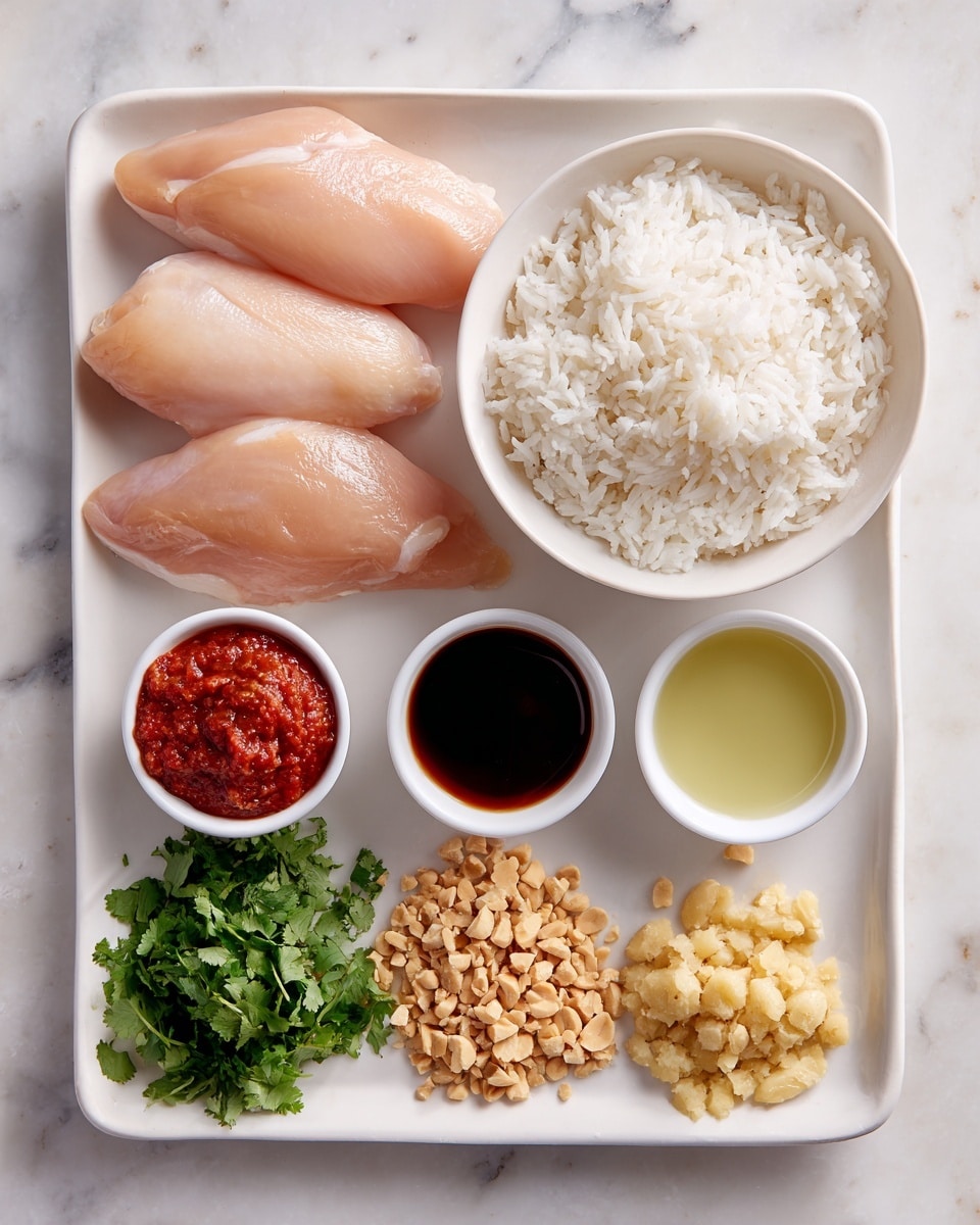 The image shows a white rectangular tray with three pieces of raw boneless chicken on the left, next to a white bowl filled with cooked white rice, and a small white bowl of red salsa on the right. Below these, there are four small white bowls arranged in a row: the first holds dark soy sauce, the second has light brown peanut butter, the third contains pale green lime juice, and the fourth is filled with chopped peanuts. In front of these bowls, there are three small piles: chopped peanuts on the left, chopped green cilantro in the middle, and grated pale yellow ginger on the right. The setting is on a white marbled surface. Photo taken with an iphone --ar 4:5 --v 7
