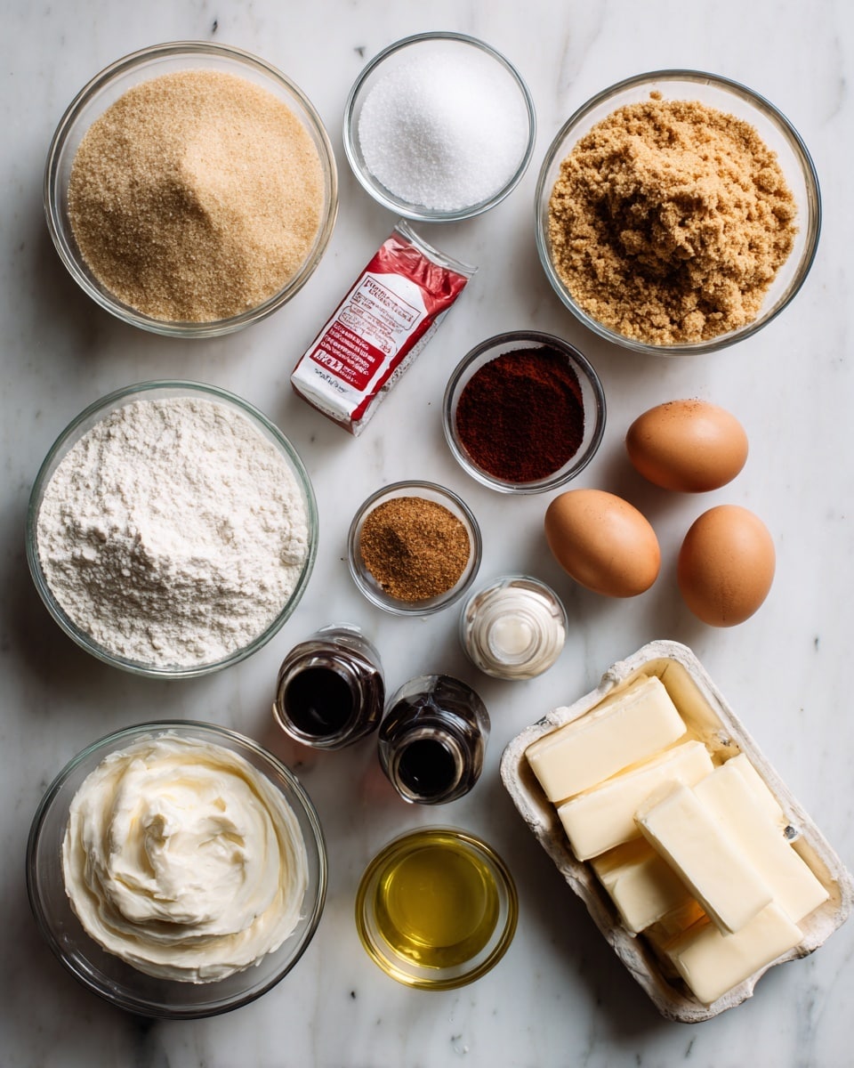 The image shows several ingredients neatly arranged on a white marbled surface. There are two glass bowls at the top filled with light brown sugar and white flour, a small container of salt, and a red and white baking soda packet. Near the middle, there are small bottles of spices with brown, dark red, and beige powders. Butter sticks are near the bottom right, with two brown eggs and a small bowl of white sugar next to them. In front, a white tub of sour cream and a dark bottle of vanilla extract are visible, along with a small clear bowl of oil. A woman's hand is not visible in this image. photo taken with an iphone --ar 4:5 --v 7