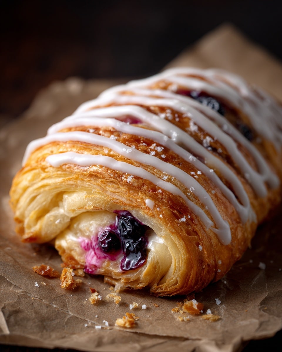 A twisted pastry with several layers starting from the flaky golden brown outer crust, showing visible soft, light cream-colored inner layers. The top is drizzled with white icing in smooth stripes across the twists, while bright purple and dark blue berry filling peeks out between the folds. The pastry sits on crumpled brown paper with some crumbs scattered around. photo taken with an iphone --ar 4:5 --v 7