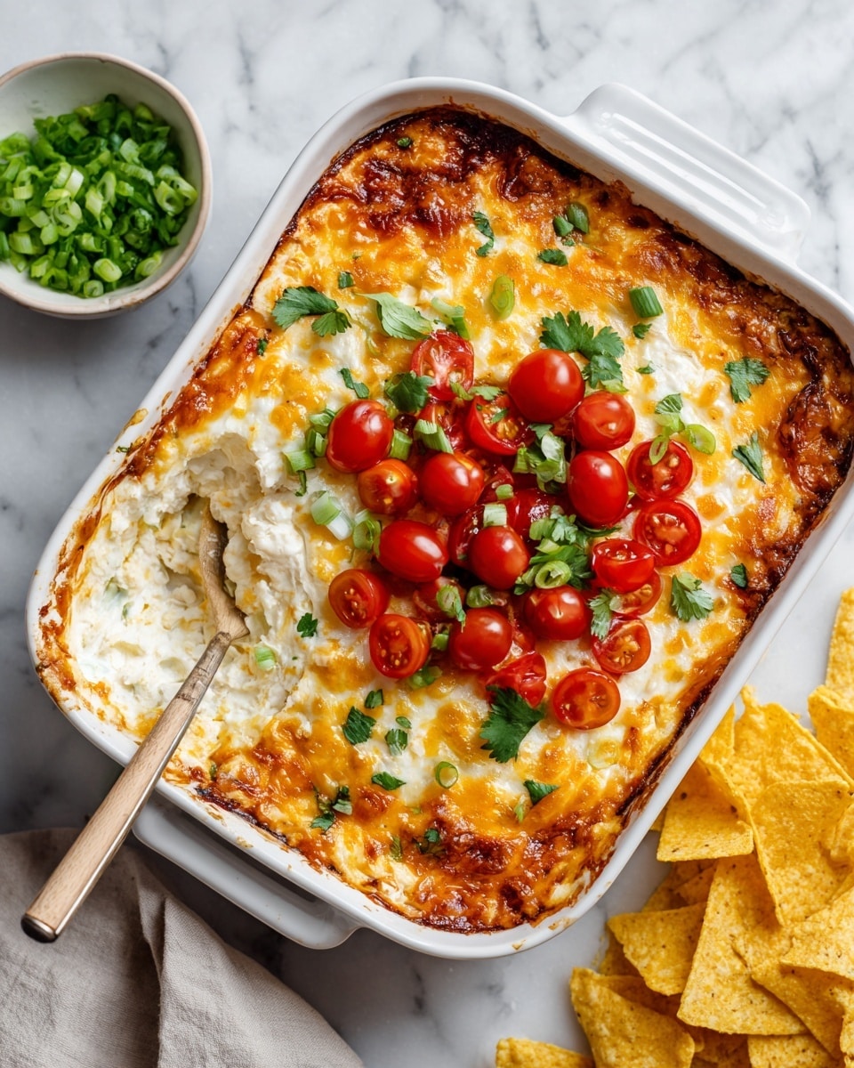 A white square dish filled with a creamy baked dip that has a golden brown bubbly top layer of melted cheese, with a scoop taken out from the upper left corner showing a thick creamy texture underneath. In the center of the dish is a colorful topping layer made of bright red halved cherry tomatoes, chopped green onions, and fresh bright green cilantro leaves. The dish is placed on a white marbled surface next to a small white bowl of chopped green onions and a pile of yellow corn tortilla chips at the bottom right. A spoon with a light wooden handle rests inside the dish. Photo taken with an iphone --ar 4:5 --v 7