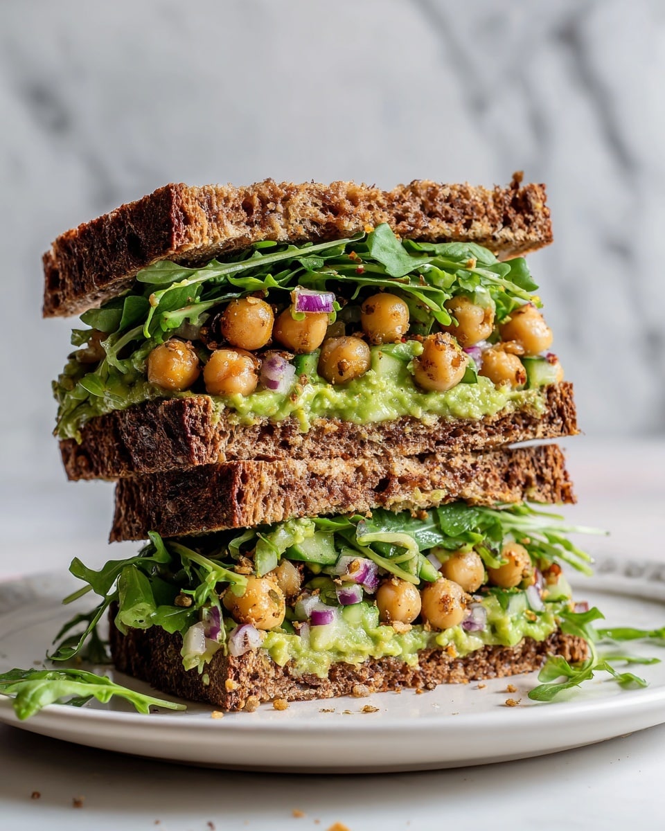 The image shows a sandwich cut in half and stacked, placed on a white plate with some green leaves on the side. The sandwich has two slices of toasted whole grain bread, dark brown with a rough texture. Inside, there are three layers: a bottom layer of fresh green leafy arugula, a middle layer filled with whole round chickpeas mixed with diced dark green cucumber and small pieces of purple onion, and a top layer of bright green mashed avocado spread throughout. The sandwich looks fresh and colorful, set against a background with a white marbled texture photo taken with an iphone --ar 4:5 --v 7