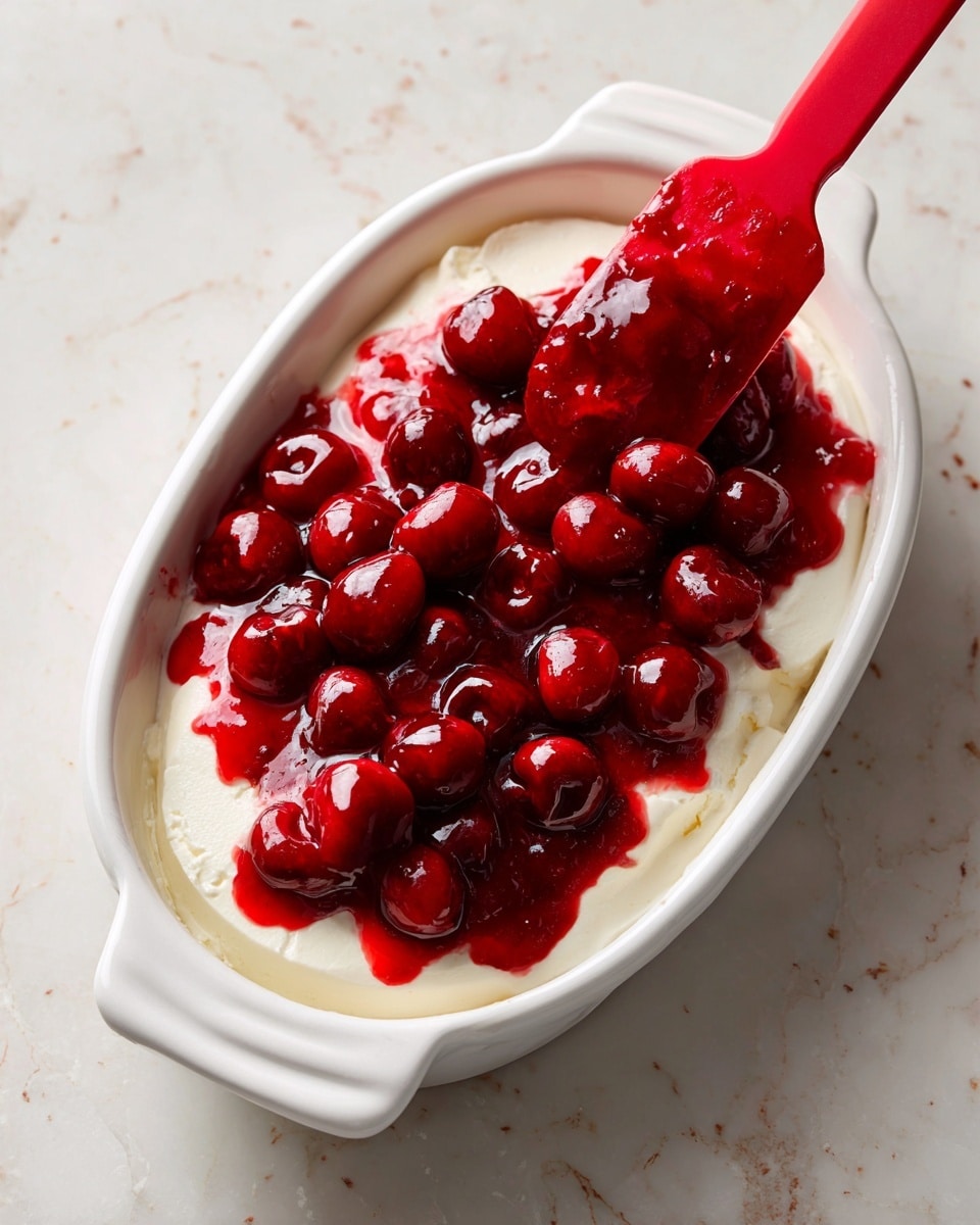 A white oval dish holds a two-layer dessert with a creamy white base layer and a thick, shiny red cherry topping with whole cherries scattered throughout. A red spatula spreads the cherry topping over the cream layer, and the dish sits on a white marbled surface. photo taken with an iphone --ar 4:5 --v 7
