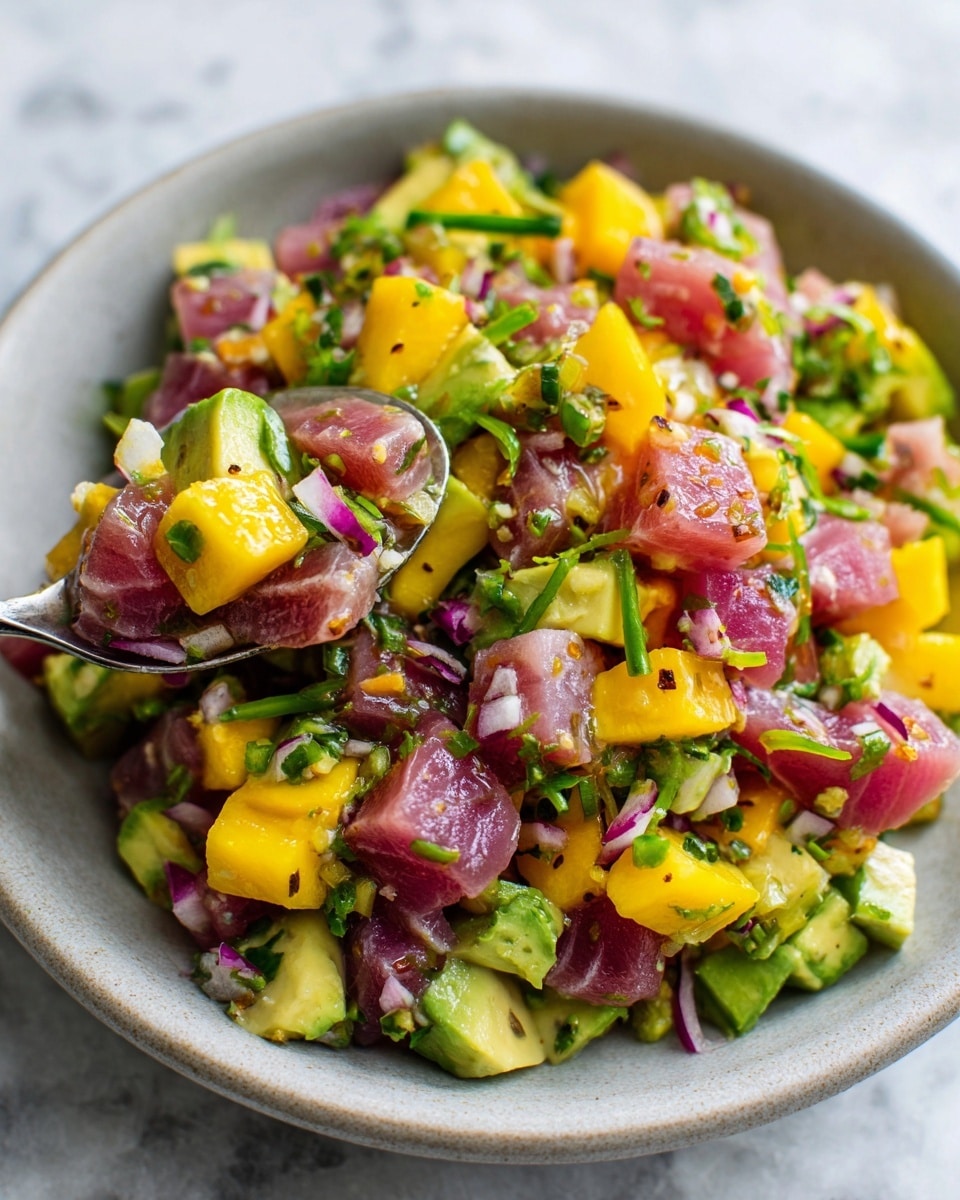 A close up of a round gray bowl filled with colorful diced poke salad resting on a white marbled surface. The dish has four layers of mixed ingredients: the largest layer is light pink raw fish cubes scattered throughout, bright yellow mango pieces that add bursts of color, small chunks of light green avocado, and finely chopped green herbs and dark purple onion pieces mixed evenly into the salad. A gray spoon is scooping some salad up from the lower left side of the bowl, showing the mix’s creamy texture and bright colors. photo taken with an iphone --ar 4:5 --v 7