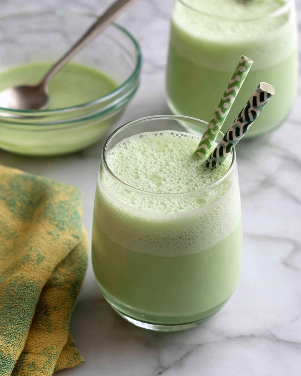 A clear glass is filled with a light green foamy drink, showing a smooth texture with small bubbles on top. Two paper straws, one green with white dots and one black and white striped, stand upright inside the glass. Behind it, another similar glass with the same drink is partially visible. To the upper left, there is a clear glass bowl containing more of the same green drink, and a metal spoon rests on the edge. All items sit on a white marbled surface with a green and yellow cloth partially visible near the bowl. photo taken with an iphone --ar 4:5 --v 7