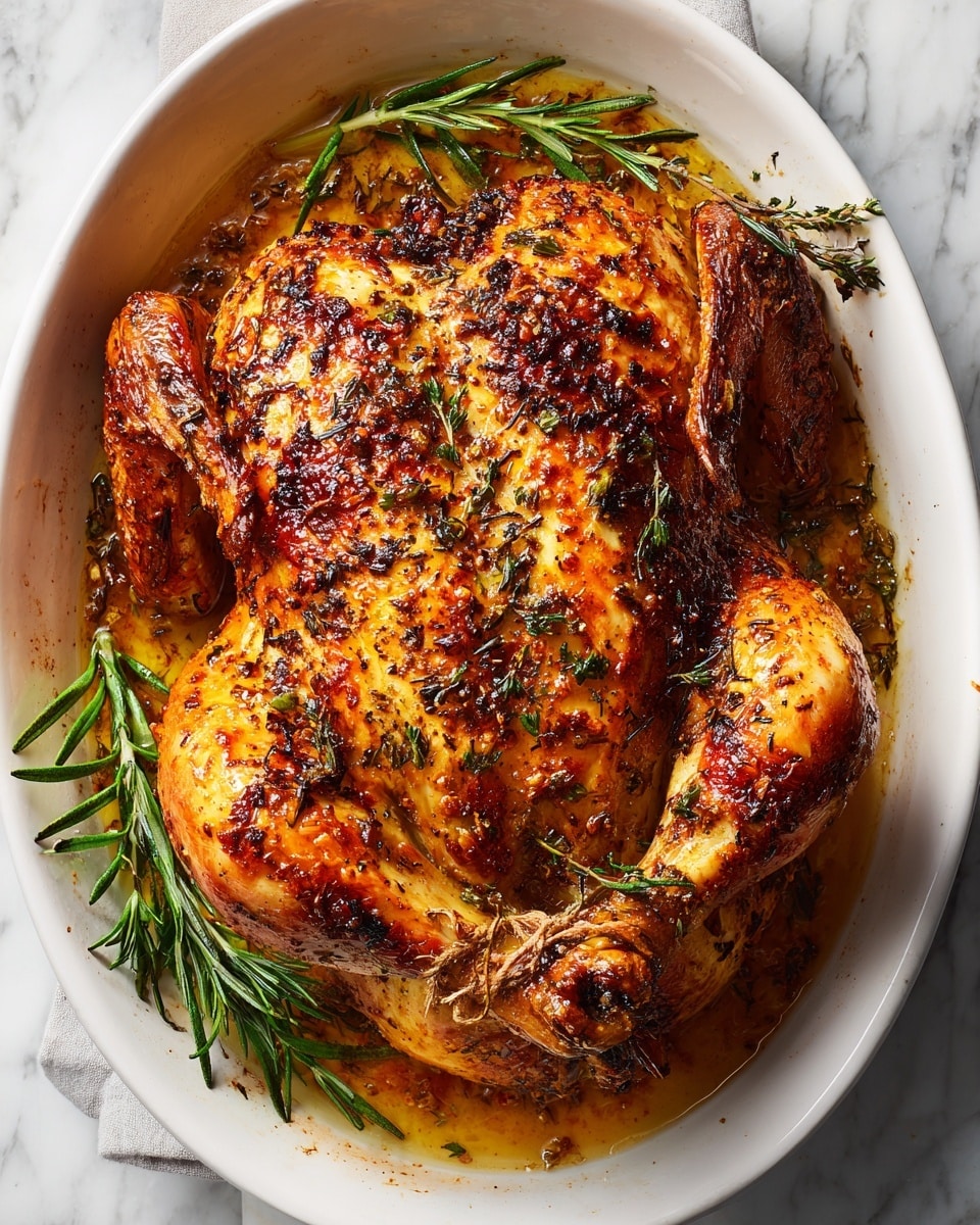A whole roasted chicken with crispy, golden-brown skin seasoned with visible herbs and spices, placed in a white oval dish. The chicken appears juicy with a textured surface showing slight charring and crispy edges. The dish is set on a white marbled surface, and there is a rosemary sprig resting beside the chicken. The colors are warm with deep browns and golden yellows dominating the scene. Photo taken with an iphone --ar 4:5 --v 7