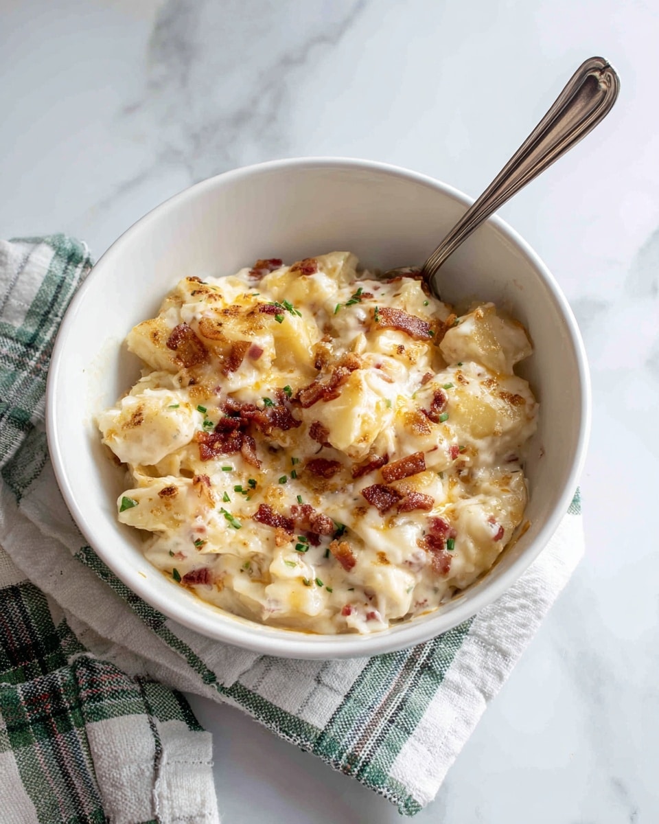 A white bowl filled with a creamy, cheesy dish showing about three layers of chunky, soft pale yellow pieces mixed with white sauce and small bits of red and green. The top layer has slightly browned melted cheese patches and some small browned crispy bits. A silver fork is placed inside the bowl, resting on the edge. The bowl sits on a white cloth with green plaid lines, against a white marbled surface with a part of a silver kitchen timer visible in the background photo taken with an iphone --ar 4:5 --v 7