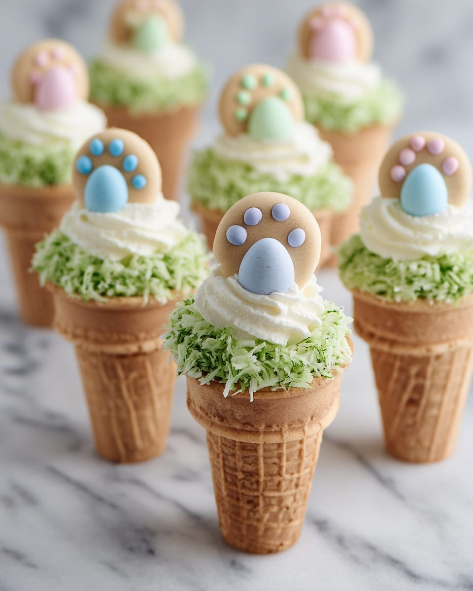 The image shows several waffle cones standing upright on a white marbled surface. Each cone is filled with a layer of green shredded coconut that looks like grass, topped with a white scoop of creamy frosting. On each scoop, there are two small white cookie-shaped round discs with pastel-colored paw prints, either pink or blue, positioned to look like feet. On top of the frosting sits a small pastel-colored candy egg matching the paw print colors. The overall look is playful and spring-themed, with soft colors and textures. Photo taken with an iphone --ar 4:5 --v 7