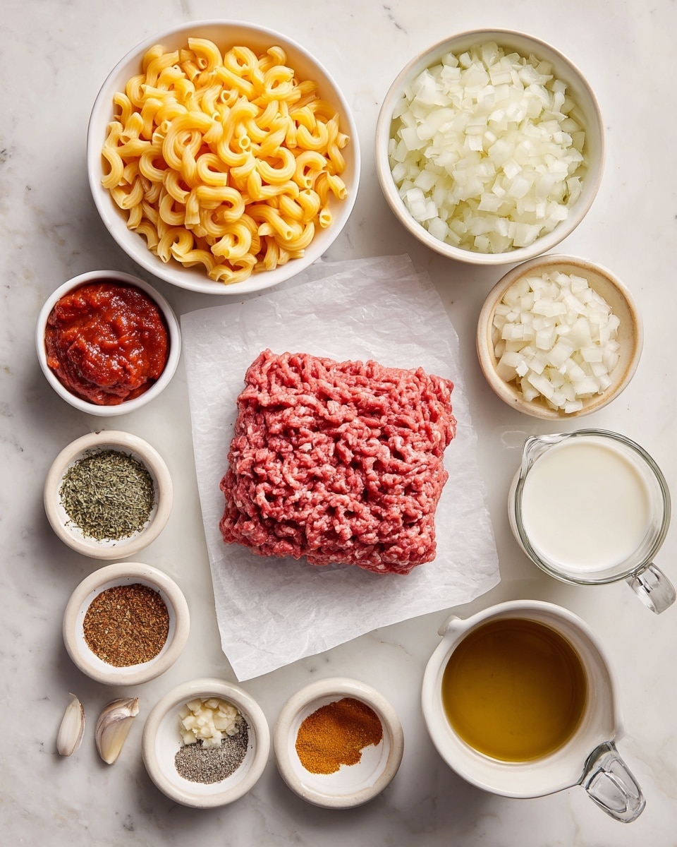 The image shows an arrangement of ingredients on a white marbled texture. In the center is a square piece of raw ground beef, red and finely textured, laid on white parchment paper. Below it to the right is a white bowl filled with yellow uncooked macaroni pasta. To the left of the beef is a white dish with shredded bright orange cheddar cheese. Above the cheese is a white bowl holding finely chopped white onions. Above the beef and slightly right is a small white bowl of red tomato paste, with a white bowl below it containing three different spices in reddish, brown, and green tones labeled paprika, oregano, and chili powder. To the right side near the top is a small beige bowl with minced garlic, and below it a glass measuring cup filled with white milk. Below the milk and to the left is a glass container with brown broth. Above the broth and to the right is a white bowl of golden olive oil. Small wooden bowls with white salt and black pepper sit near the beef. The overall setup is neat and well-lit, showing the details of each ingredient clearly. Photo taken with an iphone --ar 4:5 --v 7