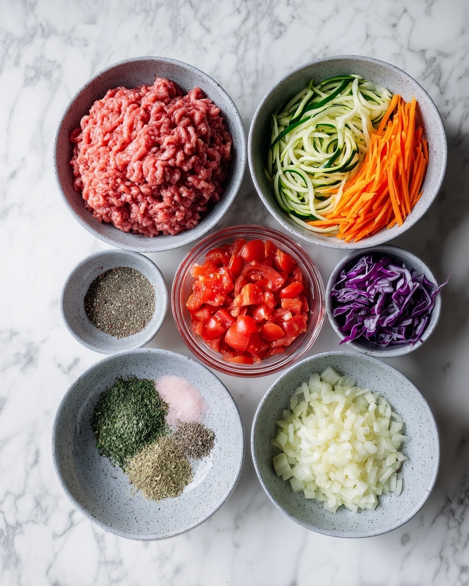 The image shows five separate bowls arranged with different ingredients on a white marbled surface. The top left bowl contains a single layer of raw ground meat with a pinkish-red color and a slightly coarse texture. The top right bowl has one layer of shredded vegetables including green zucchini, thin orange carrot strips, and some pieces of purple cabbage, all mixed. The bottom left bowl shows three layers of spices: dried green herbs, pink salt, and cracked black pepper, each section separated but in the same bowl. The bottom center bowl contains one layer of bright red chopped tomatoes with juice inside a clear measuring cup. The bottom right bowl holds two layers: a base of small white diced onions topped with a small heap of finely chopped garlic in a light yellow tone. photo taken with an iphone --ar 4:5 --v 7