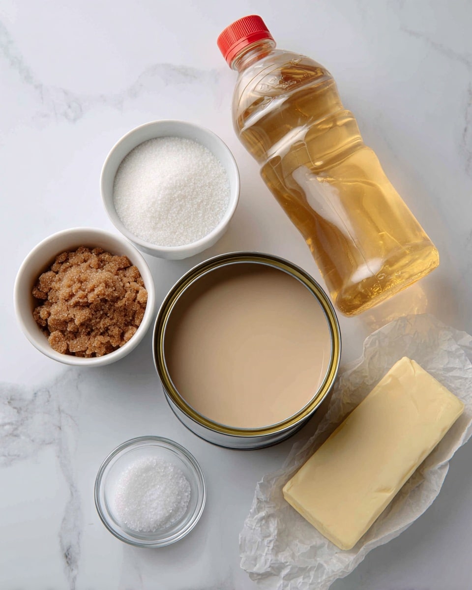 The image shows five cooking ingredients placed on a white marbled surface. In the center, there is an open can of sweetened condensed milk with its smooth, light beige liquid visible at the top. To the right of the can, there is a partially unwrapped stick of pale yellow butter resting on crinkled wax paper. Behind the can, a clear plastic bottle of light golden corn syrup stands upright with a gold cap and a red label. To the left, two small white bowls hold brown sugar with a rough texture and fine white sugar, respectively. In the front, a tiny clear bowl contains a small amount of white salt crystals. The arrangement is simple and neat, showing each ingredient clearly. Photo taken with an iphone --ar 4:5 --v 7