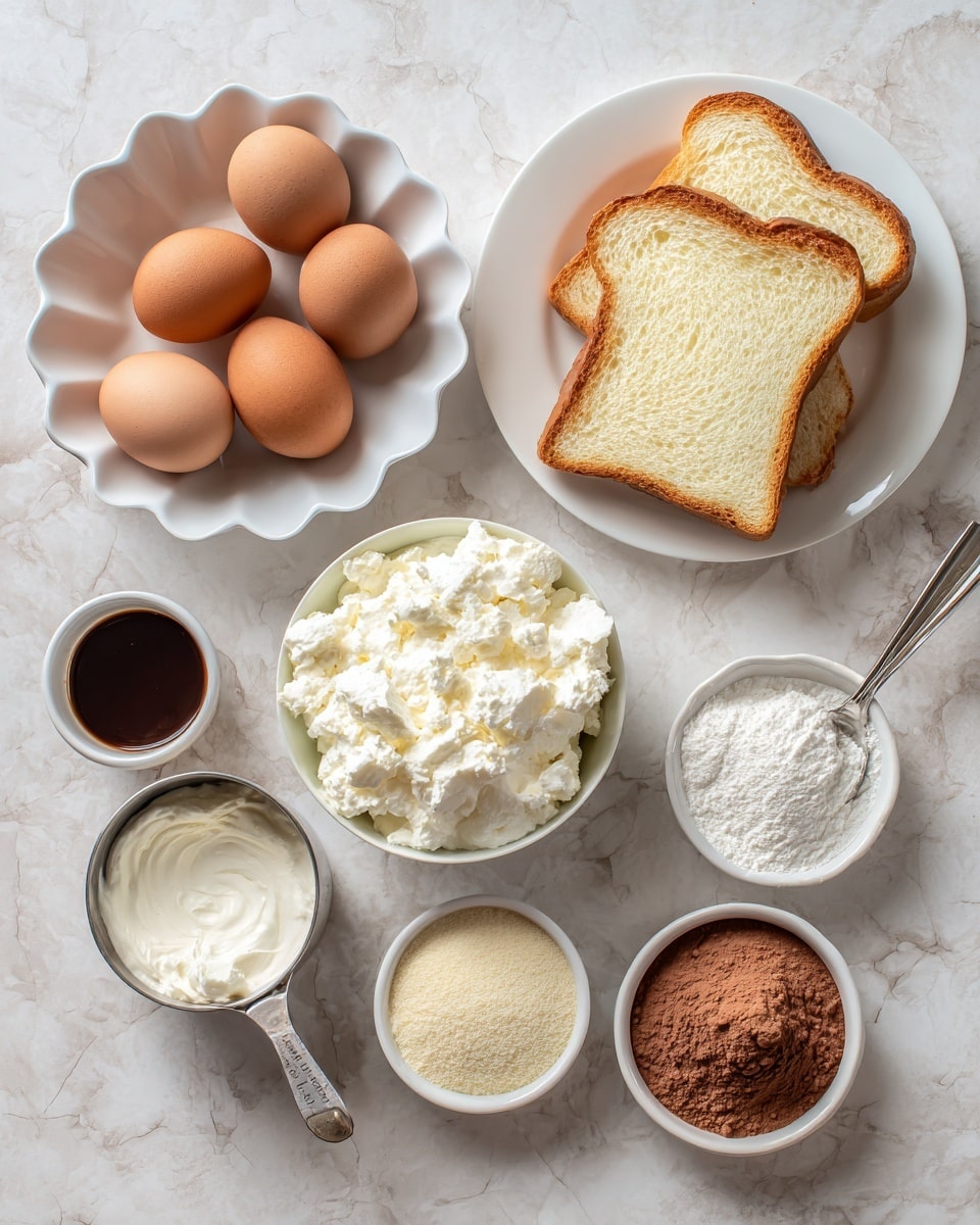 The image shows a white marbled surface with different ingredients arranged neatly. There are three brown eggs in a white scalloped bowl on the top left. Next to it, on the right side, is a white plate with three slices of light golden bread stacked slightly over one another. Below the eggs, there is a small white bowl filled with a dark liquid, and beside it, a metal measuring spoon filled with white yogurt. In the middle bottom part of the image, a metal measuring cup is filled with cottage cheese, and next to it on the left is a small white bowl of pale yellow powder. On the bottom right, there is a small white bowl filled with cocoa powder, and next to it, a small white bowl with a light cream liquid inside. All items are placed on a white marbled surface. photo taken with an iphone --ar 4:5 --v 7