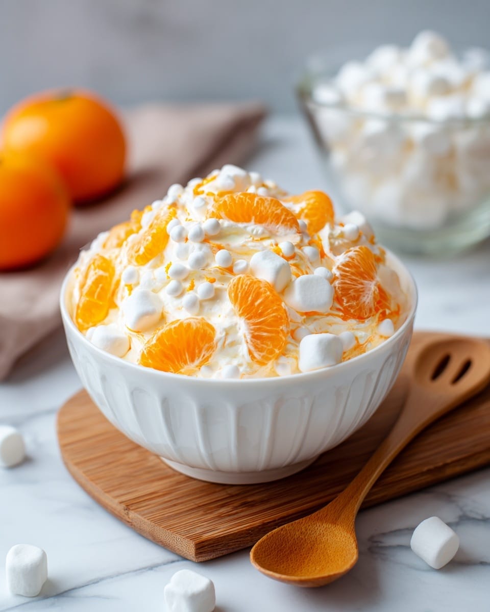 A white bowl filled with a creamy layered dish, featuring a light orange whipped mixture as the base, with small white marshmallows scattered throughout, and topped with bright orange mandarin slices placed on top. The bowl sits on a wooden slotted spoon on a white marbled surface, with a glass bowl of more marshmallows and a glass bowl with mandarin slices visible in the background. photo taken with an iphone --ar 4:5 --v 7