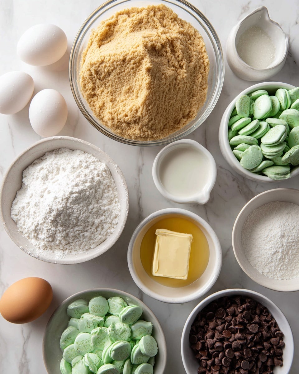 The image shows several ingredients placed separately on a white marbled surface. There is a clear glass bowl with light brown cake mix, a small white bowl filled with light yellow melted butter, and two white bowls holding white powdered sugar and a smooth white liquid heavy cream. A small white cup contains clear mint extract, while a white bowl holds light brown eggs. There are two piles of candy: shiny green-wrapped Andes Mints and small dark brown chocolate chips, both placed in white bowls. In the top left corner, two white eggs are visible next to the bowls. The overall scene is clean and organized with bright natural light. Photo taken with an iphone --ar 4:5 --v 7