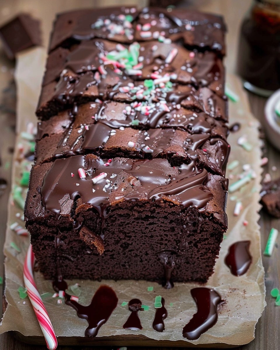The image shows a thick, dark chocolate cake sliced in half, revealing a dense and moist inside with a rough crumb texture. The cake sits on a white marbled surface with rich, glossy chocolate sauce spread underneath and dripping slightly over the edges. Around the cake, there are solid pieces of dark chocolate scattered on the surface. The top layer of the cake is slightly cracked, showing a shiny, smooth chocolate glaze. photo taken with an iphone --ar 4:5 --v 7
