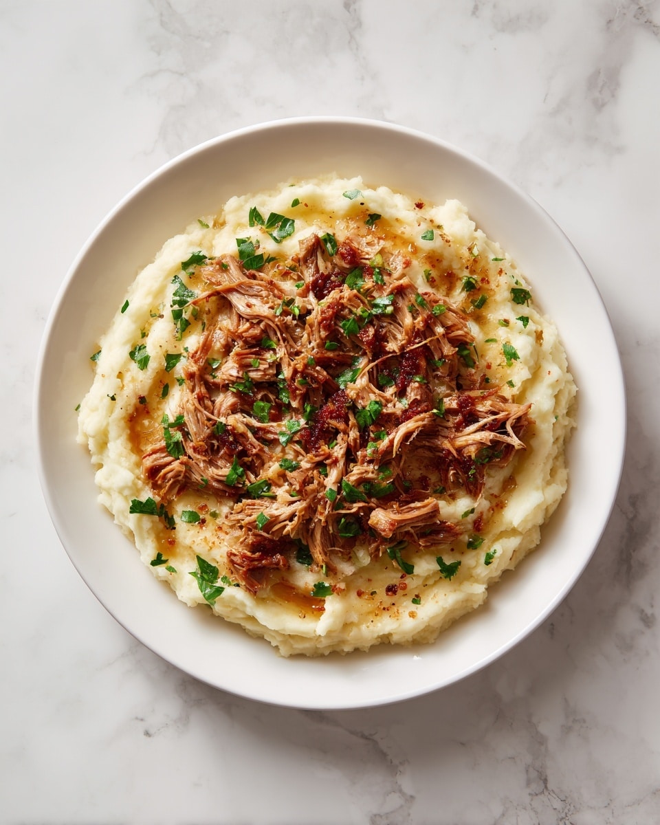 A white plate holds a two-layer dish placed on a white marbled surface. The first layer is mashed potatoes spread evenly around the edge, creamy and light yellow in color with a slightly chunky texture. The second layer is a generous pile of shredded brown meat with hints of reddish tones, placed in the center on top of the mashed potatoes. Small green herb pieces are sprinkled over the meat, adding a fresh touch of color. The arrangement creates a clear contrast between the smooth pale mashed potatoes and the textured darker meat in the middle, with the white plate and marbled surface framing the dish softly. Photo taken with an iphone --ar 4:5 --v 7