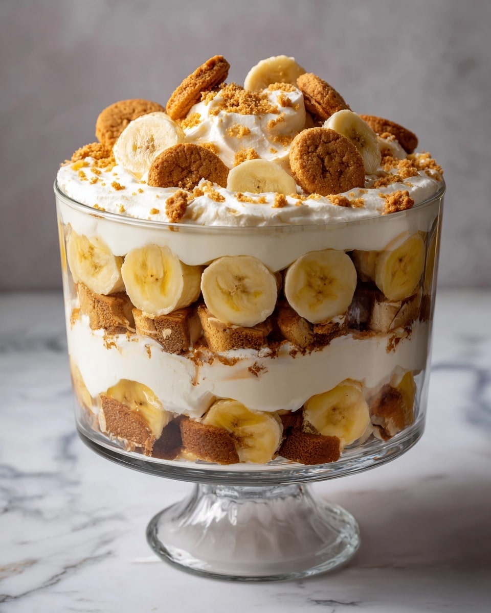 A tall glass dessert trifle with five visible layers. The first bottom layer is golden brown cookies, followed by a thick, creamy white layer. Above that is a thin layer of sliced bananas with golden brown cookies visible behind them. Then another thick, creamy white layer, followed by another layer of banana slices and cookies. The top layer is thick creamy white topped with banana slices and crushed golden brown cookie crumbs scattered around. The dessert sits on a stand over a white marbled surface. Photo taken with an iphone --ar 4:5 --v 7