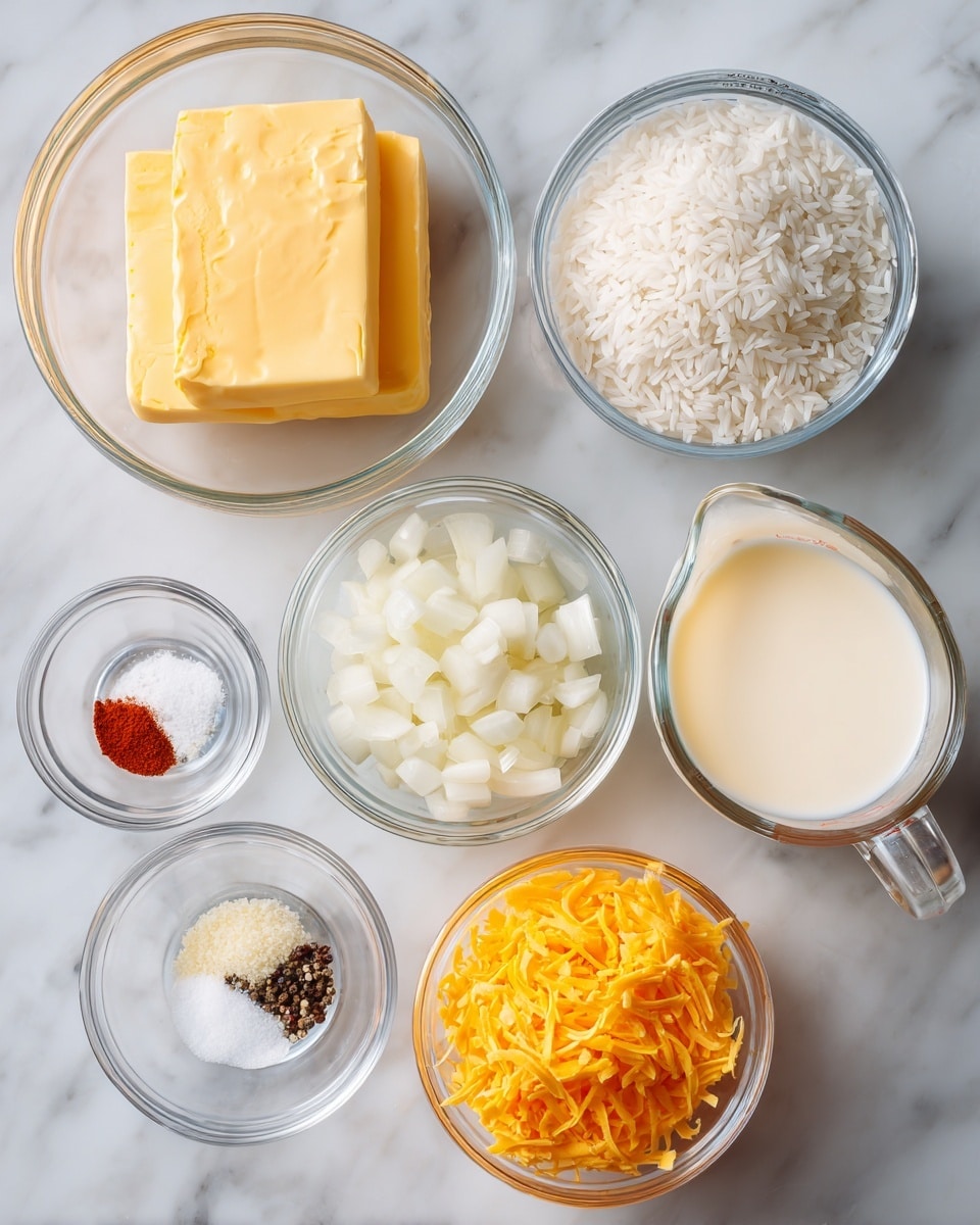 Seven clear glass bowls are arranged on a white marbled surface. The top left bowl contains three thick rectangular slices of yellow butter. To its right, a small metal measuring cup is filled with white uncooked rice. Next to it on the far right, a round glass bowl holds white milk. Below the butter, a larger glass bowl is filled with small white onion pieces. Centered below the rice and milk, a small glass bowl contains three types of seasoning: white salt, black pepper, and red paprika. Below the onion, another glass bowl holds bright orange shredded cheese. On the bottom right side, a clear glass measuring cup is filled with pale yellow chicken broth. Each bowl and cup is clean and transparent, clearly showing the colors and textures inside. Photo taken with an iphone --ar 4:5 --v 7