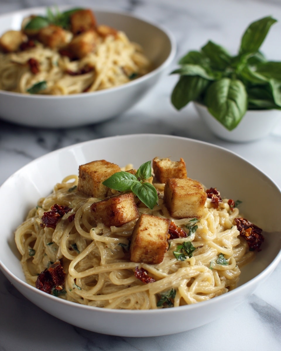 The image shows two white bowls filled with creamy pasta topped with golden-brown cubes, likely crispy tofu or fried cheese. The pasta is coated in a light cream sauce mixed with green herb pieces and scattered with sun-dried tomato bits that add a deep reddish color. The bowl in the front is focused closely, showing the texture of the smooth sauce, soft pasta strands, and crisp cubes sitting on top, garnished with a small green basil leaf. The background bowl is slightly blurred, with a small white bowl holding fresh green basil leaves visible behind, all placed on a white marbled surface. Photo taken with an iphone --ar 4:5 --v 7