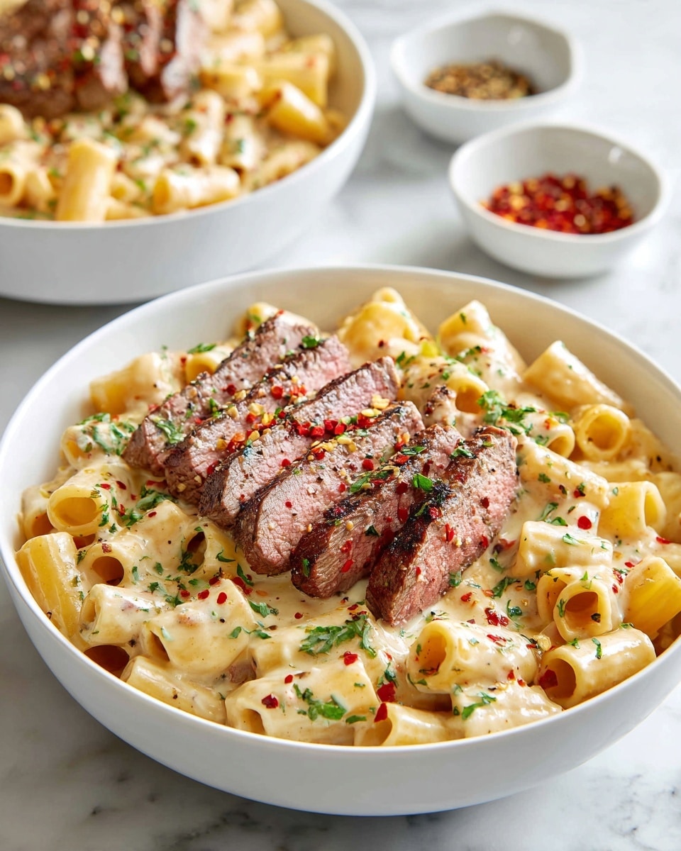 A white bowl filled with rigatoni pasta coated in creamy cheese sauce, topped with five slices of grilled steak arranged in the center. The pasta has light yellow tubes covered with a smooth, pale cream-colored sauce, sprinkled with finely chopped green herbs and a dash of red pepper flakes. The steak slices are medium-cooked with a brown and slightly charred outside and a pinkish inside. In the background, another bowl with the same dish and two small white bowls with spices sit on a white marbled surface. photo taken with an iphone --ar 4:5 --v 7