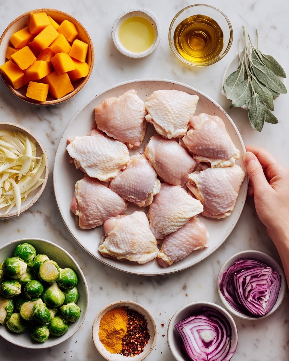 The image shows a white plate filled with raw chicken thighs arranged in the center with smooth, pale pink skin. Around the plate are small white bowls containing various colorful ingredients: bright green Brussels sprouts with a shiny texture; small bright orange butternut squash cubes; thin slices of red onion with a purple hue; fresh, wrinkled sage leaves in soft green; tiny reddish-brown crushed red pepper flakes; thinly sliced fennel pieces with a pale cream color; a small bowl of deep yellow paprika powder; a light yellow mixture of minced garlic powder; a clear light yellow lemon juice; small brown garlic cloves; a dark glossy balsamic vinegar; oil in shiny pale yellow olive oil; and tiny white granules of sea salt. A woman's hand reaches toward the plate from the side, resting on the white marbled surface. photo taken with an iphone --ar 4:5 --v 7