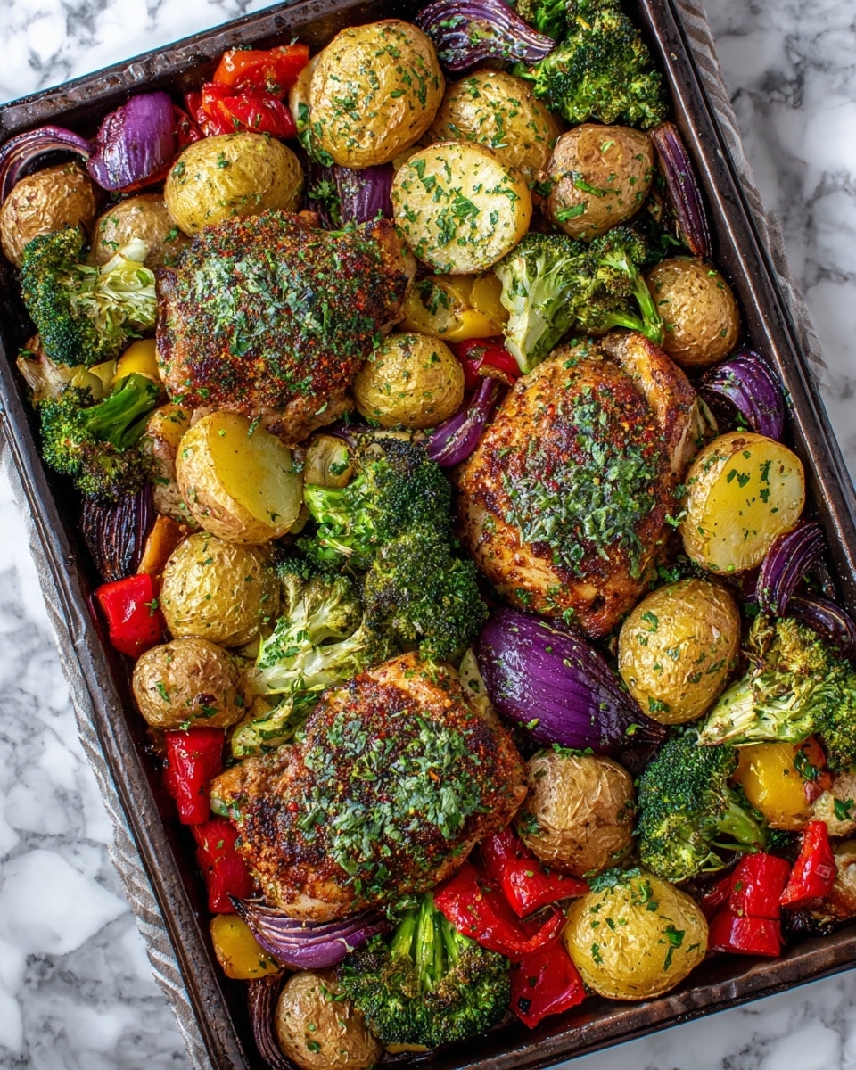 The image shows a baking tray filled with a colorful mix of cooked food on a white marbled surface. There are two large pieces of browned chicken in the front left, each topped with herbs giving them a green sprinkle texture. Surrounding the chicken are several pieces of roasted potatoes, cut into halves and quarters, with a golden brown outside and sprinkled with herbs. Among the potatoes are bright green broccoli florets and chunks of vibrant red bell peppers. There are also pieces of roasted purple onions scattered around, adding dark purple tones. The whole tray is filled close to the edges with these cooked items, showing a rich mix of textures from crispy to soft. The photo is taken with an iphone --ar 4:5 --v 7