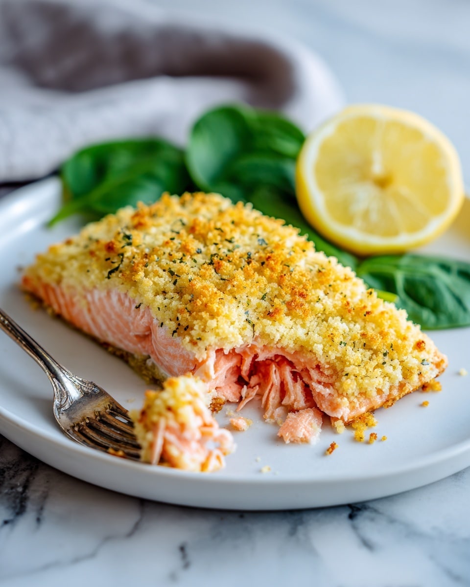 The image shows a white plate on a white marbled surface with a piece of salmon topped with a thick, golden-brown crunchy crumb layer. The crumb layer is coarse and covers the entire top surface of the salmon, which is bright pink with delicate flake texture visible where a fork has broken a piece off from the bottom left. At the back of the plate, there is a half lemon showing its yellow interior and two fresh dark green spinach leaves lying beside it. A silver fork is gently lifting a small chunk of the salmon at the bottom left. The lighting is soft and natural, highlighting the textures and colors clearly. photo taken with an iphone --ar 4:5 --v 7