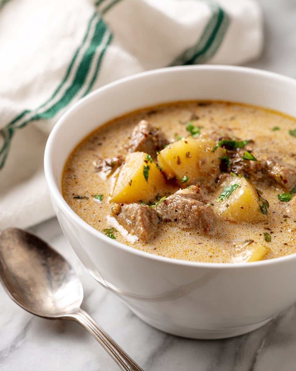 A white bowl filled with creamy light tan soup, showing chunks of brown meat and golden potato pieces evenly mixed in the thick broth. Small bits of green herbs are sprinkled on top, adding a fresh touch of color. The bowl sits on a white marbled surface, with a silver spoon placed nearby. In the background, there is a white cloth with green stripes softly blurred. photo taken with an iphone --ar 4:5 --v 7