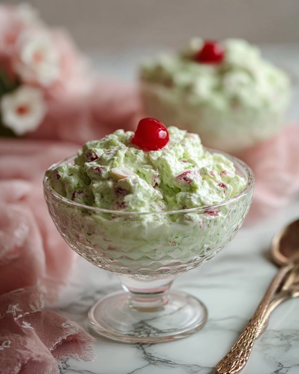 A clear glass bowl filled with a creamy light green salad that has a chunky, fluffy texture with small pieces mixed throughout; a single bright red cherry sits on top as decoration. In the background, a second bowl with the same salad is slightly blurred. The setting is on a white marbled surface with soft pink cloth and faint floral patterns around. Photo taken with an iphone --ar 4:5 --v 7