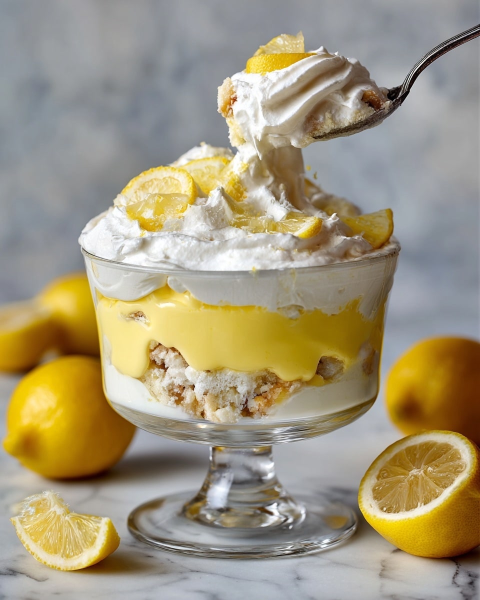 The dish is a layered lemon pudding dessert in a clear glass bowl, showing three main layers: a bottom white creamy layer with light cake pieces mixed in, a middle bright yellow smooth lemon pudding layer, and a top thick white whipped cream layer adorned with a swirl and thin lemon slices. A silver spoon is inside the bowl, lifting some of the dessert, showing the layers blending together. The bowl is on a white marbled textured surface with whole and cut lemons placed nearby. Photo taken with an iphone --ar 4:5 --v 7