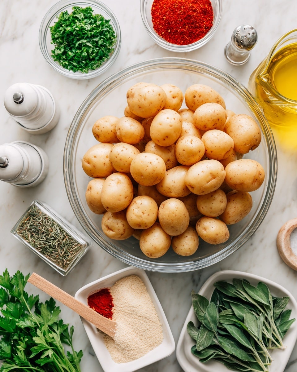 A clear glass bowl filled with many light brown baby potatoes sits in the top center of the image, occupying the most space. Around the bowl are several white containers on a white marbled surface: at bottom left, bright green parsley with a white measuring spoon holding red paprika powder; at the bottom center, a small white rectangular dish holds a wooden spoon filled with light beige garlic powder; to the bottom right, dark green basil leaves are grouped together. Near the bowl, a small glass container with green dried thyme is centered, a white pepper grinder and salt shaker are near the left side, and a round glass container of yellow oil is near the right side.. Photo taken with an iphone --ar 4:5 --v 7