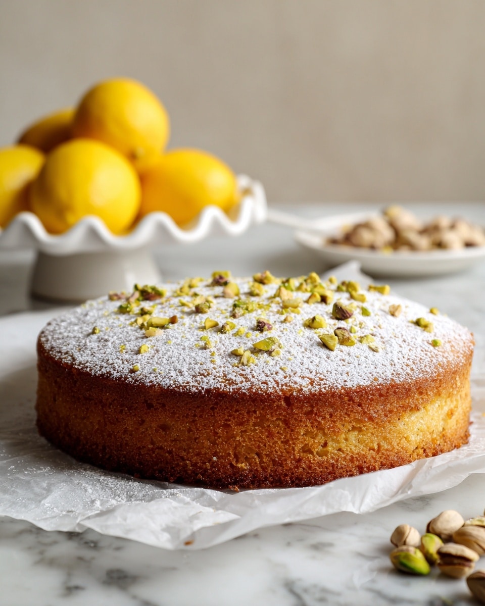 A round single-layer cake with a golden brown crust sits on white parchment paper placed on a white marbled surface. The top of the cake is covered with a light dusting of white powdered sugar and scattered with small pieces of crushed pistachios, adding hints of green and yellow. In the background, there is a white scalloped plate holding three bright yellow lemons, and a small white bowl with whole pistachios is visible on the right side. The focus is on the cake with soft natural lighting enhancing its texture and colors. photo taken with an iphone --ar 4:5 --v 7
