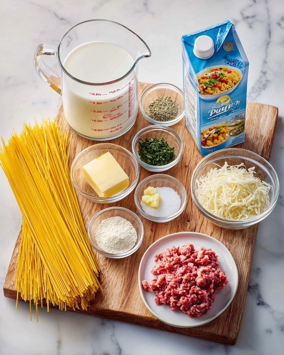A wooden board on a white marbled surface holds various ingredients for cooking. On the left side, a clear glass measuring cup filled with white milk, marked with red measurement lines and the Pyrex logo, sits behind a bundle of dry yellow spaghetti noodles laying flat. Small clear glass bowls are arranged around, with one containing chopped green herbs, another with mixed dried herbs, and three others holding white and light brown powders. In the center, a small glass bowl with a square of pale yellow butter is placed next to a smaller bowl with minced garlic. To the right, a clear bowl filled with shredded white cheese is visible. In the front right, raw ground meat with a mix of red and white colors is placed on a white round plate. Behind it, a blue and white carton of Swanson Chicken Broth stands upright, showing a picture of soup with colorful pasta and vegetables. photo taken with an iphone --ar 4:5 --v 7