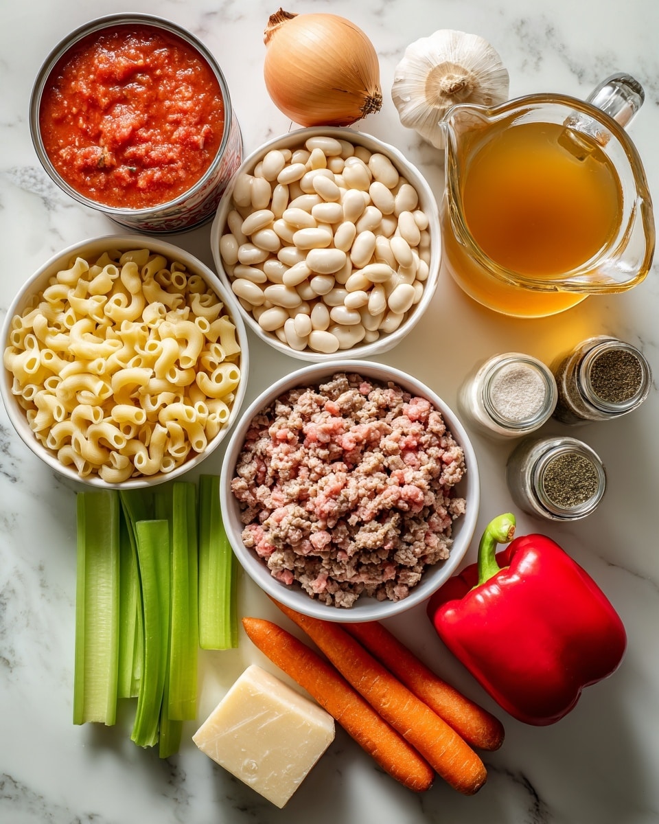 The image shows an arrangement of raw ingredients for a meal on a white marbled surface. There are two white bowls filled with pale yellow pasta and light beige white beans. A white bowl in the center holds pinkish ground beef. Next to it is a clear glass jug with golden brown broth and an open red can filled with bright red crushed tomatoes. Fresh vegetables include a whole light brown onion, an off-white garlic bulb, a fresh red bell pepper, bright green celery stalks, and orange carrots. There is a small block of pale yellow Parmesan rind, and three small spice containers labeled salt & pepper with brown tops, basil, and Italian seasoning. The objects are orderly placed to show all ingredients clearly. Photo taken with an iphone --ar 4:5 --v 7