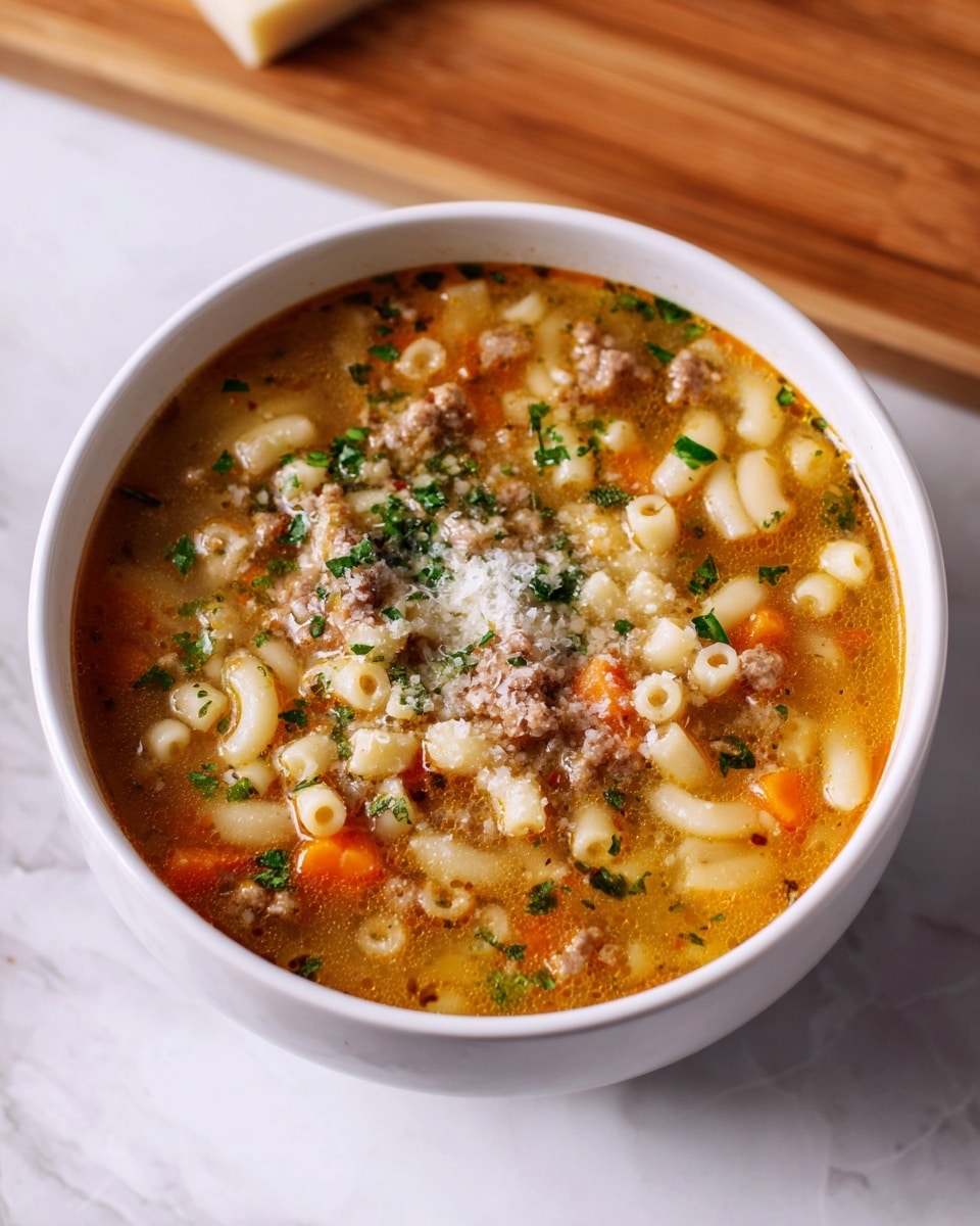 A white bowl filled with thick soup showing three main layers: a light brown broth with visible pieces of cooked minced meat and small diced orange carrots spread throughout, white pasta tubes and small white beans evenly mixed within, and small bits of green herbs sprinkled on top, giving a fresh look. The soup surface has a slight shine and a few small grated pale cheese pieces scattered over it. The bowl sits on a white marbled surface with a wooden cutting board partially visible to the top left side of the frame. photo taken with an iphone --ar 4:5 --v 7