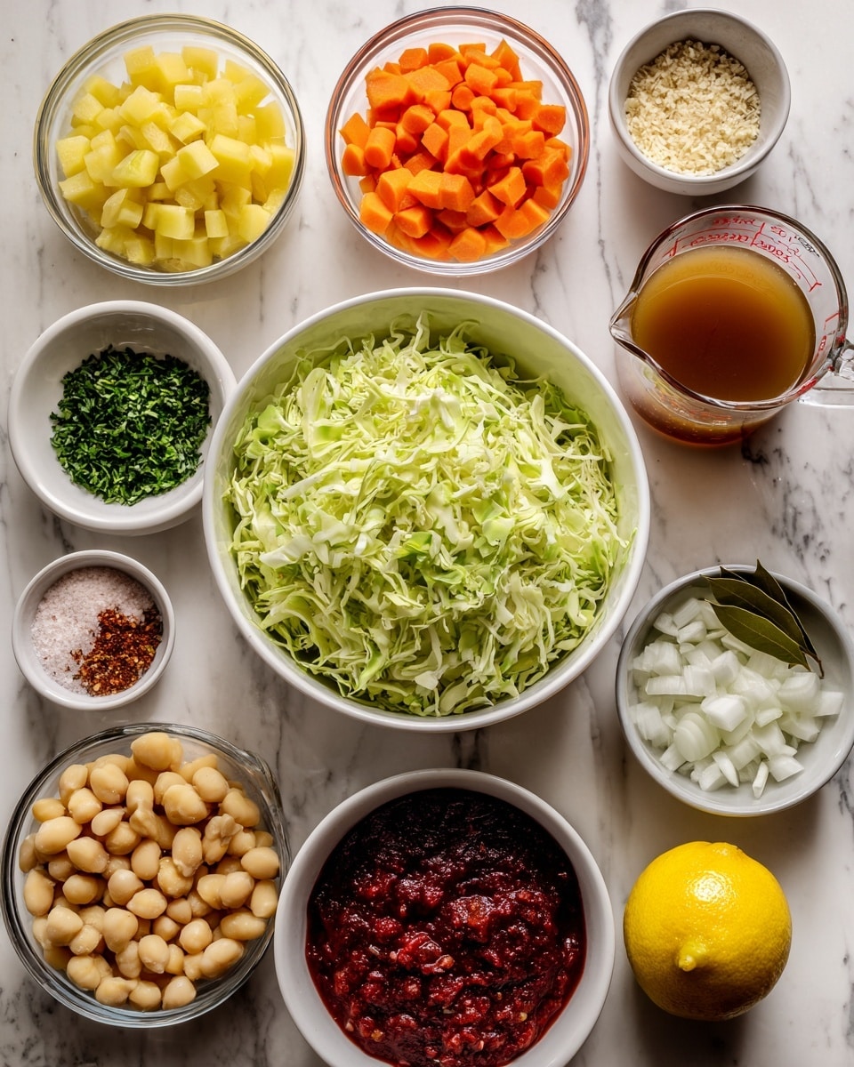 The image shows a top-down view of multiple clear and white bowls arranged neatly on a white marbled surface, each containing an ingredient. At the center is a large white bowl filled with shredded green cabbage. Around it are smaller clear bowls with chopped celery, diced yellow potatoes, and cannellini beans topped with minced white garlic. A clear glass measuring cup with brown vegetable broth is placed near the potatoes. There are also three small white bowls containing chopped orange carrots, coarse pink salt, and black pepper. Another clear bowl holds diced white onions with two bay leaves on top, while a small bowl has green parsley. A tiny clear bowl on the side holds dried thyme and red pepper flakes. A small white bowl features thick deep red tomato paste, and a bright yellow lemon sits next to it. The image is clean, colorful, and organized with a bright natural look, photo taken with an iphone --ar 4:5 --v 7
