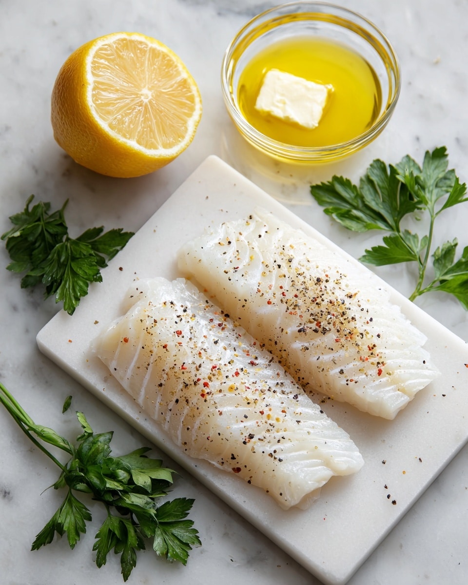 The image shows two pieces of white fish fillets, side by side on a white cutting board, with a simple sprinkle of black pepper and salt on top. The fillets have a soft and slightly flaky texture. To the left of the cutting board, there is a half lemon with a bright yellow color, and above it, a small clear glass bowl filled with melted butter topped with a small pat of solid butter. Some fresh green parsley leaves are scattered around the lemon and butter, all placed on a white marbled surface. photo taken with an iphone --ar 4:5 --v 7