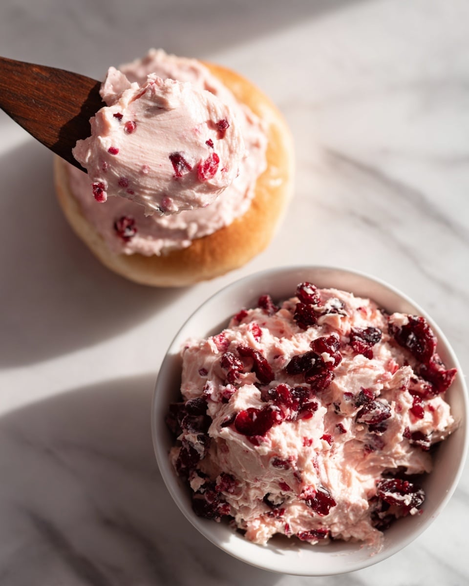 A round sandwich bun top is open and spread with one smooth layer of light pink creamy spread with small red berry bits, the texture soft and fluffy; a wooden spatula is lifting a thick dollop of the same spread from the bun. Below, a white bowl filled with a mix of white creamy spread mixed unevenly with dark and bright red dried berry pieces sits on a white marbled surface. The scene has natural light and focuses on the contrast between the soft pink spread on the bread and the chunkier spread in the bowl photo taken with an iphone --ar 4:5 --v 7
