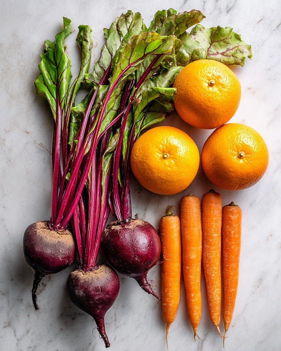The image shows a collection of fresh vegetables and fruits arranged on a white marbled surface. On the left, there are three beets with deep purple round roots and long green leaves with reddish stems extending upward. To the right of the beets, four bright orange oranges are clustered closely together, their textured skin clearly visible. Below the oranges, five long and slender carrots lay side by side, their bright orange color contrasting with the white marble background. photo taken with an iphone --ar 4:5 --v 7