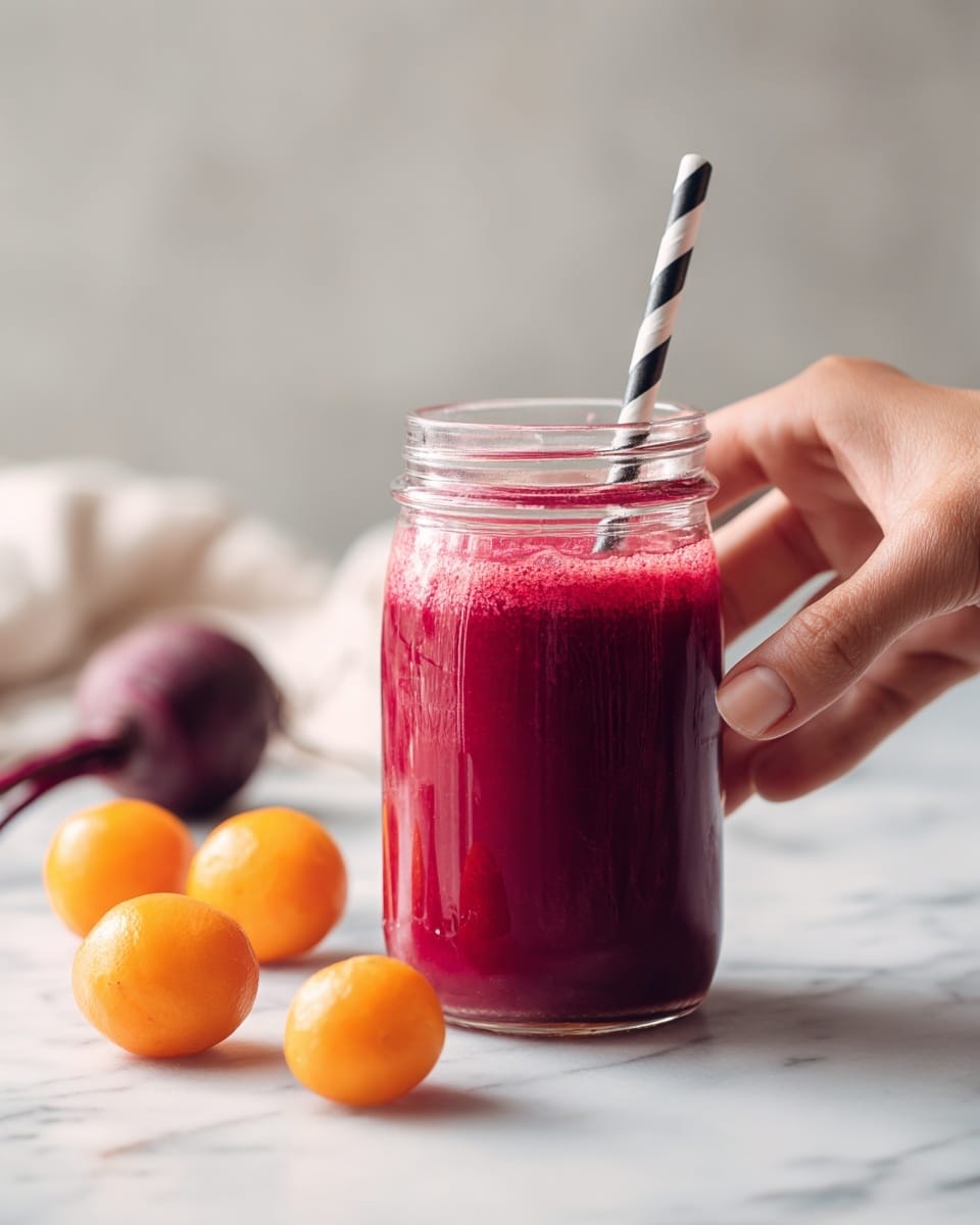 A clear glass jar filled with a bright red juice sits on a white marbled surface. The jar has a black and white striped paper straw inside it. Around the jar, there are three small round orange fruits and one purple beet placed casually. In the background, a woman's hand is about to hold the jar. The overall setting is bright and clean with natural light. photo taken with an iphone --ar 4:5 --v 7