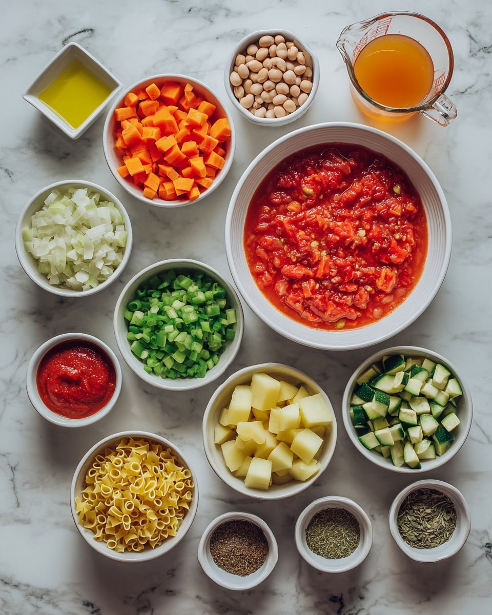The image shows various ingredients in white bowls and dishes placed neatly on a white marbled surface. There is a large bowl filled with bright red chopped tomatoes with some liquid, surrounded by smaller bowls containing light brown beans, chopped orange carrots, chopped green celery, chopped green zucchini, chopped white onions, chopped yellow potatoes, three peeled garlic cloves on a small dish, a small square dish with yellow olive oil, a small white bowl with red tomato paste, a small white bowl with uncooked yellow mini pasta, and three small round bowls with different dried spices all varying shades of green and brown. A clear glass measuring cup holds a light orange liquid. photo taken with an iphone --ar 4:5 --v 7