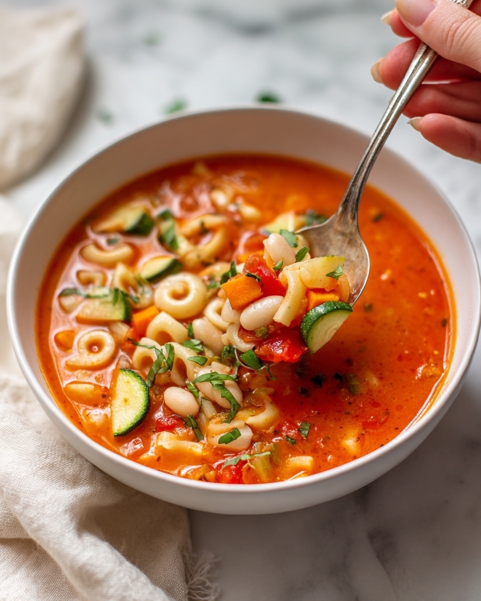 A close-up view of a white bowl filled with bright orange-red vegetable soup, showing three main layers: the tomato-rich broth with a smooth, slightly oily texture forms the base; scattered on top are small white beans, white pasta rings, and chopped green zucchini, orange carrot slices, and red tomato pieces, each with a soft and tender look; fresh green herbs are sprinkled over the soup, adding a fresh pop of color. A silver spoon rests in the bowl, lifting a mix of diced vegetables and herbs, with a woman's hand gently holding the spoon. The bowl sits on a white marbled surface with a soft, cream-colored cloth nearby. photo taken with an iphone --ar 4:5 --v 7