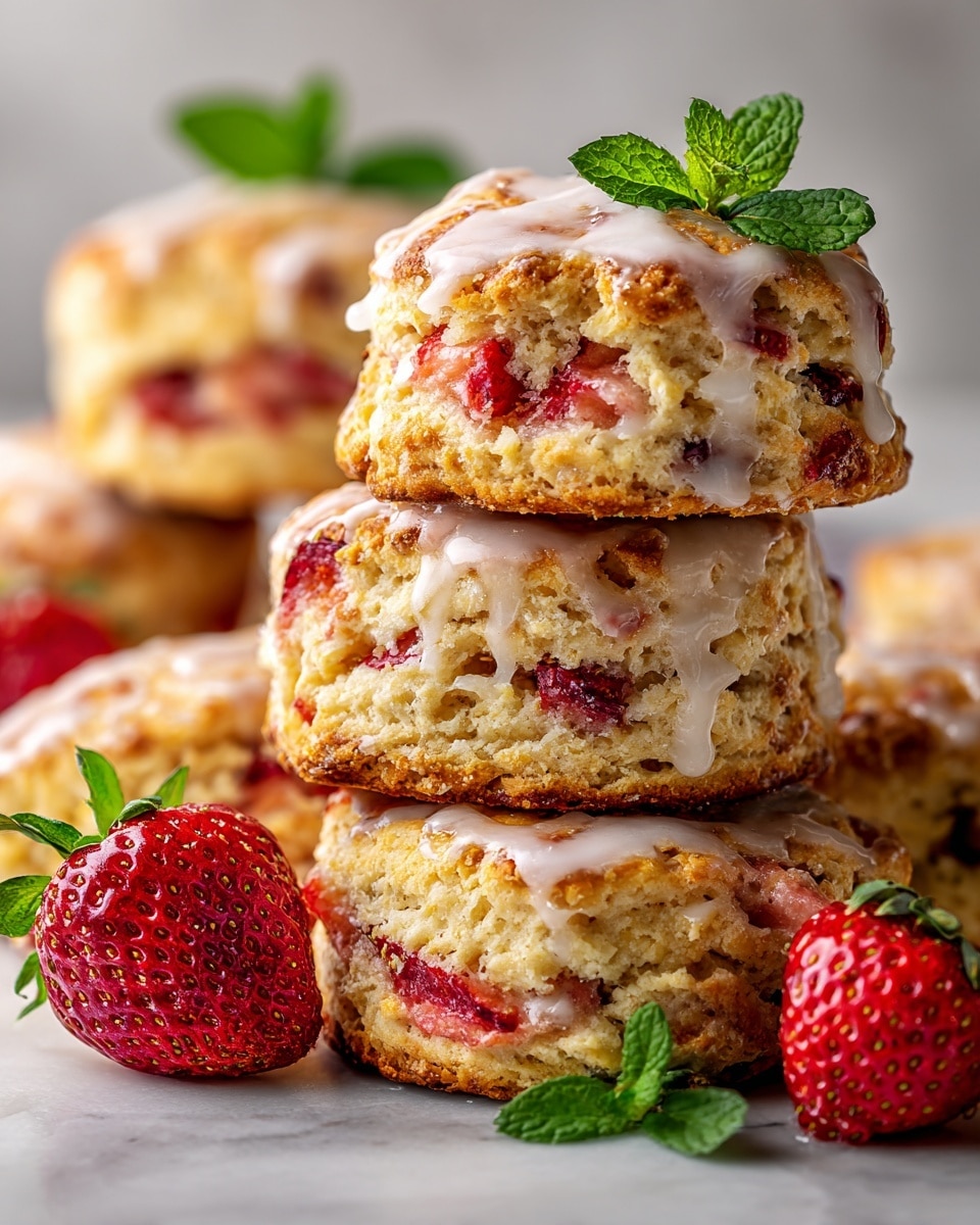 The image shows stacked scones on a white marbled surface, each scone having two layers with a golden, slightly crispy crust, and filled with chunks of red strawberries visible inside and in between the layers. A drizzle of white glaze runs over the top, adding a shiny, smooth texture. Around the scones, bright red whole strawberries and green mint leaves add color contrast. The close-up view captures the crumbly texture and moist interior of the scones with a soft, warm tone. Photo taken with an iphone --ar 4:5 --v 7