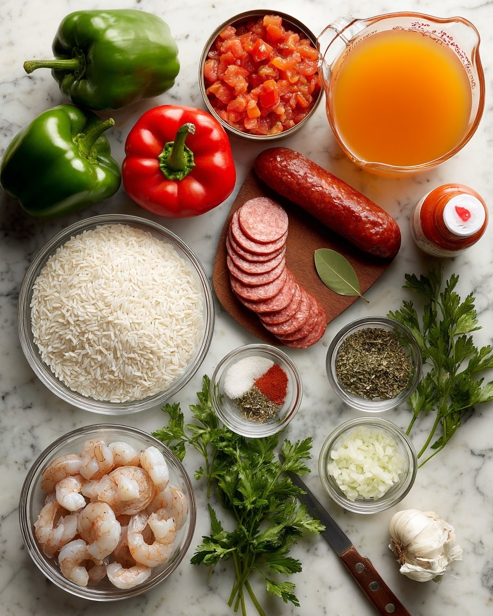 The image shows a flat lay of cooking ingredients on a white marbled surface. At the center is a clear glass bowl filled with uncooked white rice grains. To the bottom left is a clear bowl with raw shrimp that are pale, translucent, and slightly curled. Next to the shrimp is a wooden cutting board with a long piece of reddish sausage and several sliced rounds of the same sausage, alongside a knife with a wooden handle. On the top left side of the image are two whole bell peppers, one green and one red, fresh and shiny. Near the bell peppers are two open cans of diced tomatoes with a bright red tomato mixture visible inside. To the top right is a glass measuring cup filled with orange-yellow broth. Below the broth is a bunch of fresh green parsley leaves. On the right center is a clear bowl filled with finely chopped white onions with a single bay leaf resting on top. Next to it is a smaller clear bowl divided into sections containing dried oregano, garlic powder, thyme, and paprika in shades of green, white, light brown, and red. A small bottle of hot sauce with a red cap is positioned to the rightmost part of the image. Several whole garlic cloves are scattered near the parsley. Photo taken with an iphone --ar 4:5 --v 7