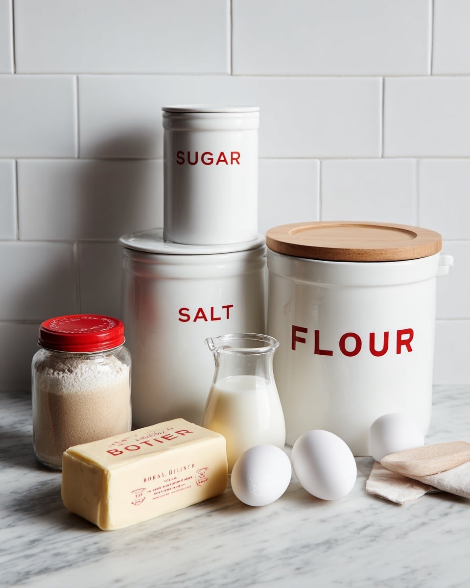 The image shows baking ingredients neatly arranged on a white marbled surface with a white subway tile background. On the left, there is a small brown jar of active dry yeast with a red lid. Next to it, two white ceramic containers stacked vertically, labeled