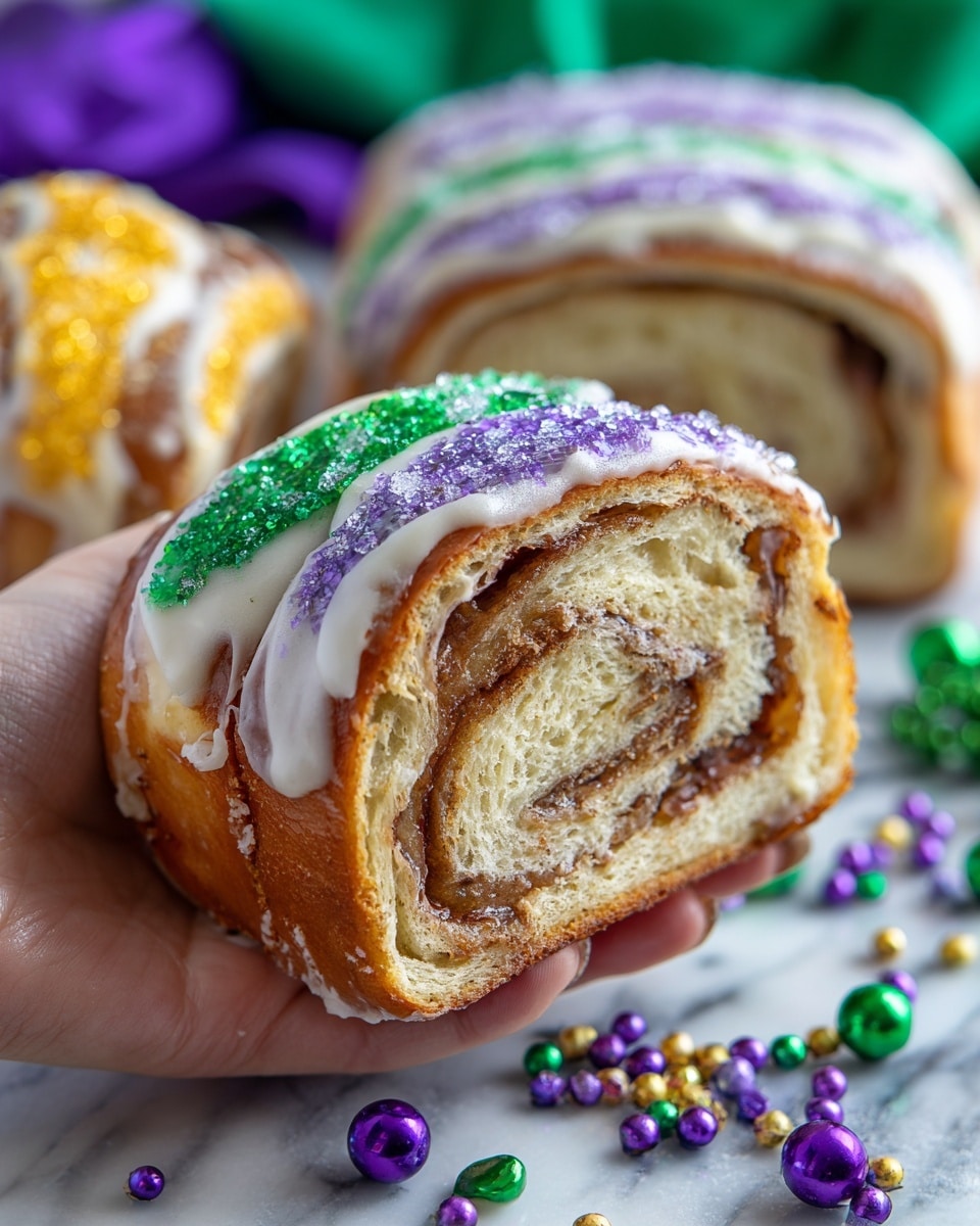 A woman's hand is holding a thick slice of swirled bread with visible layers of light tan dough and a darker cinnamon filling inside. The top is coated with white icing and decorated with large green and purple sugar crystals. In the background, the rest of the round bread sits on white marbled surface, showing the same swirl pattern and icing with colored sugar on top. Near it, there is a smaller piece covered in bright yellow icing with shiny sugar crystals. The scene includes scattered colored sugar and purple and green beads around the bread. photo taken with an iphone --ar 4:5 --v 7