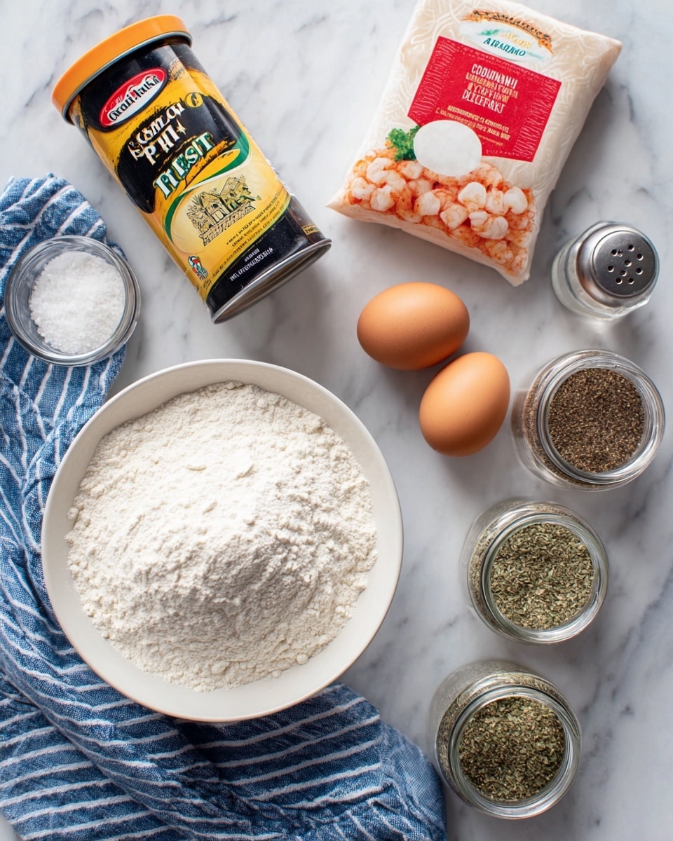 An overhead view of various cooking ingredients placed on a white marbled surface, including a white bowl with white flour on the lower left corner on top of a blue and white striped cloth, two brown eggs near the center right, and a small glass salt shaker in the middle. Surrounding these are a package of orange and white Galbani mozzarella cheese in the top left, a black and yellow can of panko breadcrumbs with shrimp images on the top right, a square red and white container of ground black pepper to the left of the salt, and three glass jars of organic Italian seasoning, parsley flakes, and garlic powder arranged in a row along the bottom right. The items are neatly spaced and clearly visible. photo taken with an iphone --ar 4:5 --v 7