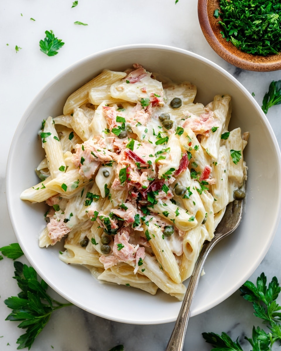 A close-up of a white bowl filled with creamy penne pasta mixed with chunks of pink tuna and small green capers. The pasta is coated in a smooth white sauce and sprinkled with fresh green parsley pieces on top. A silver fork rests inside the bowl on the right side, partially buried in the pasta. The bowl is placed on a white marbled surface with scattered parsley leaves around. To the top right, there is a wooden bowl filled with chopped green herbs. Photo taken with an iphone --ar 4:5 --v 7