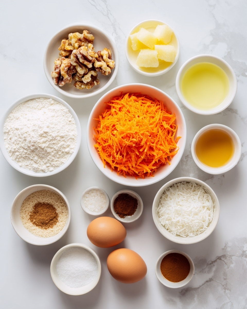 A white bowl filled with finely grated orange carrot sits at the center on a white marbled surface. Surrounding it are small white bowls and dishes, each holding different ingredients: golden crushed pecans with a rough texture, smooth light-yellow pineapple chunks, fine white flour, bright white sugar, a creamy yellow liquid oil, a light beige pile of baking soda, a small heap of coconut flakes with a fluffy texture, three brown eggs resting directly on the surface, and a tiny white bowl filled with white buttermilk. Seven small bowls with spices are included: warm brown cinnamon powder, light brown nutmeg powder, pure white salt, and amber-colored vanilla extract. Everything is arranged neatly, showing clear layers and textures that contrast against the white marbled background. Photo taken with an iphone --ar 4:5 --v 7